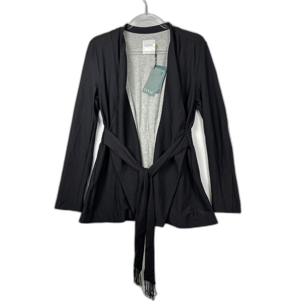 NWT Lysse Mila Mixed Media Wrap Cardigan Jacket Small Black Heather Grey Belted